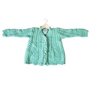 Vintage 70s Aran Crafts Green Cable Knit Cardigan Sweater XS Merino Wool Preppy